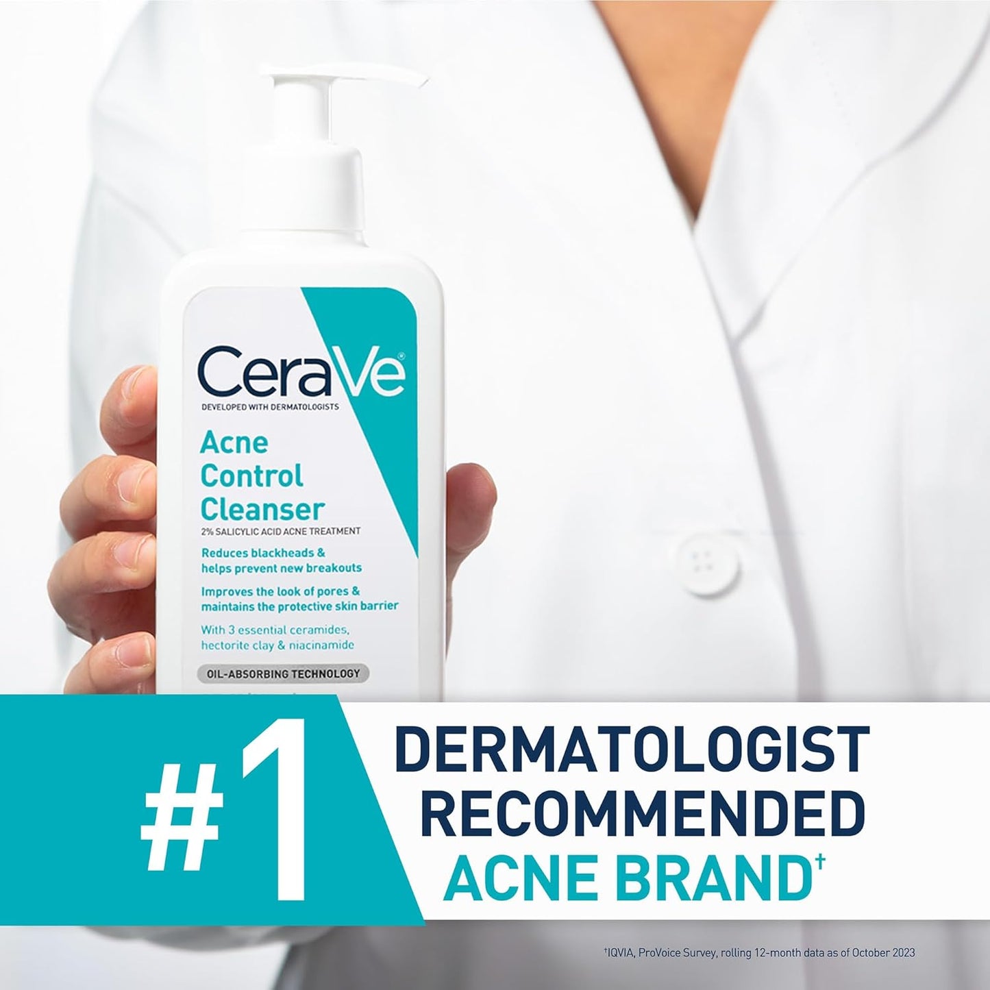 HotCeraVe Acne Control Cleanser, 2% Salicylic Acid Treatment Formulated With Niacinamide + Ceramides + Oil Absorbing Clay, Gentle Face Wash Helps Clear & Prevent Acne, Fragrance Free, 16 Ounce