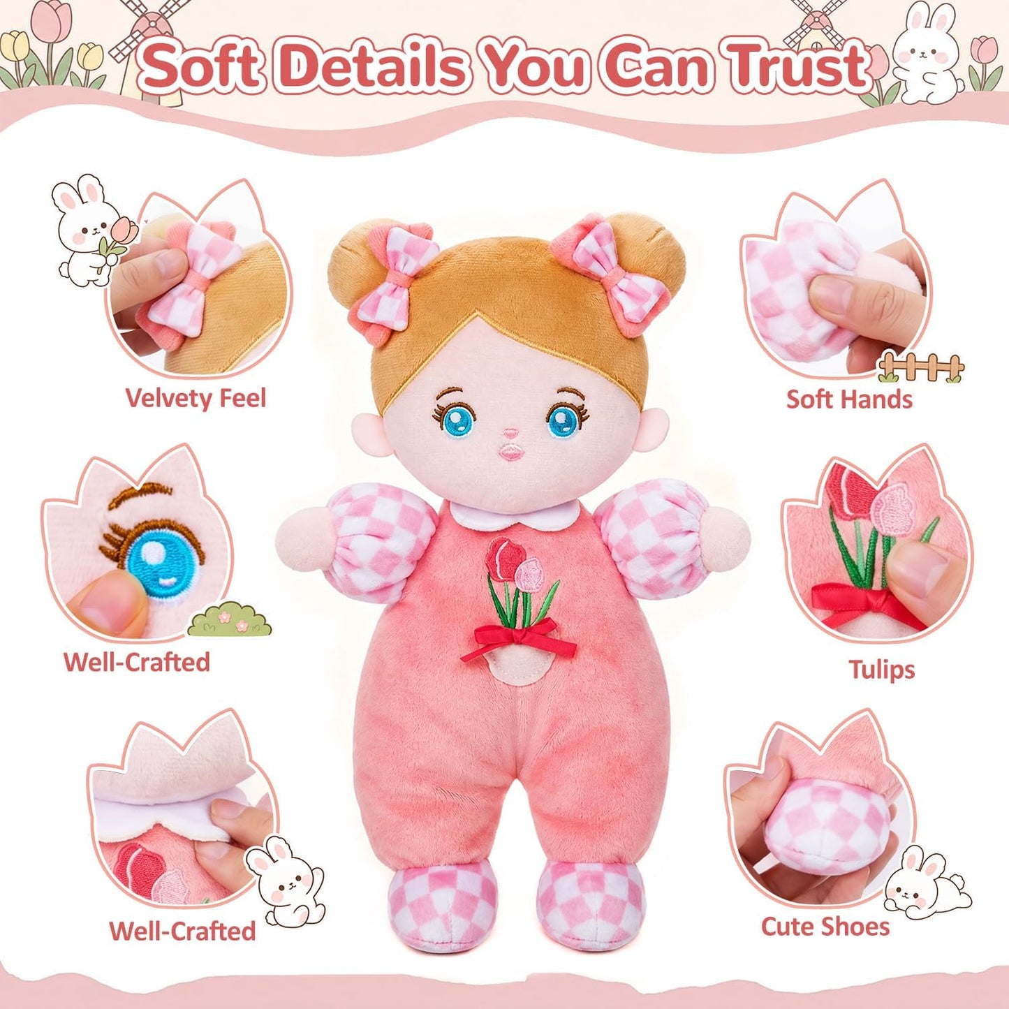 Hot OUOZZZ Soft Plush Baby Doll 10" Tulip Pink Snuggle Buddy | First Birthday Toys for 1 Year Old Girl, Ideal 1 Year Old Girl Gifts & Baby Girl Gifts, Cuddly Toy for Infants & Toddlers