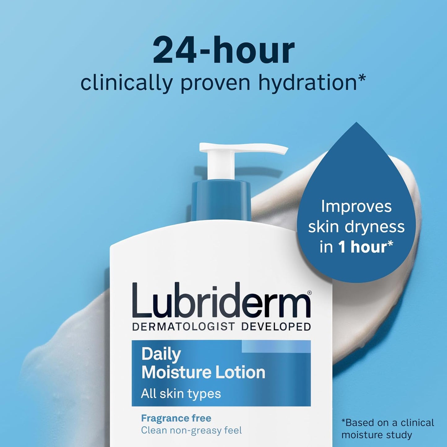 HotLubriderm Fragrance Free Daily Moisture Body Lotion + Pro-Ceramide, Unscented Lotion, Body Lotion for Dry Skin, Shea Butter, Glycerin, Non-Greasy 24-Hour Moisturizer, Paraben & Dye Free, 24 Fl Oz