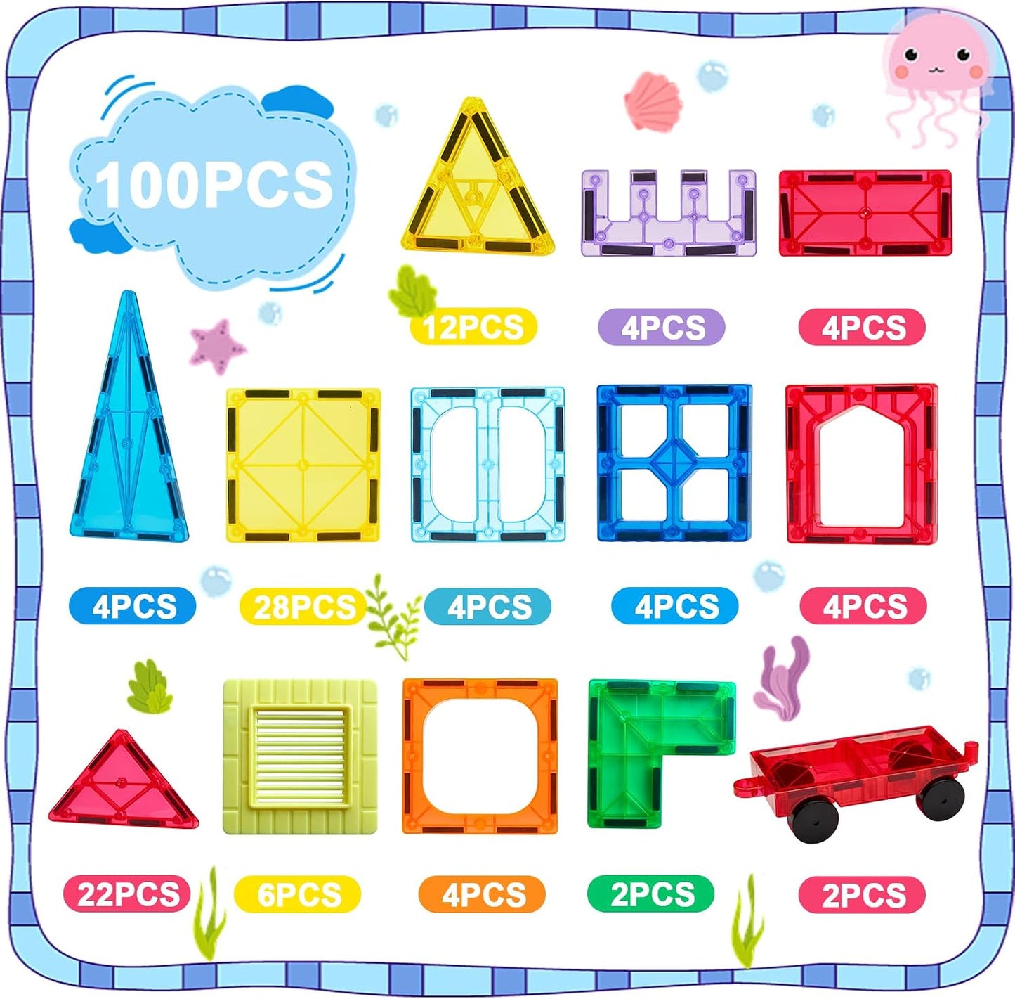 Hot Anbalulu Magnetic Tiles 100PCS with 2 Cars, STEM Educational Building Blocks for Kids Ages 3-9, Magnet Construction Toys Gift for Toddlers
