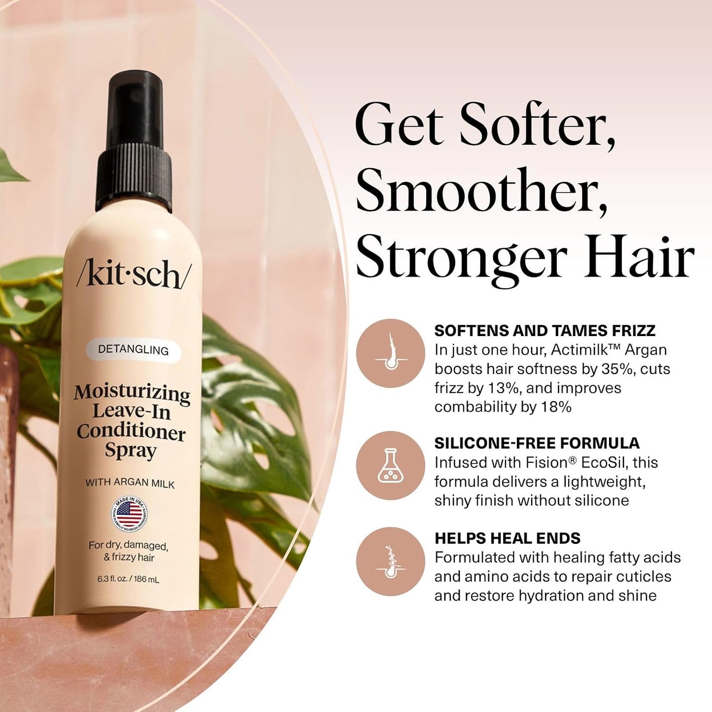 HotKitsch Argan Milk Leave In Conditioner Spray – Hair Detangler Spray for Curly, Wavy, Fine, Dry & Damaged Hair - Silicone-Free - 6.3oz