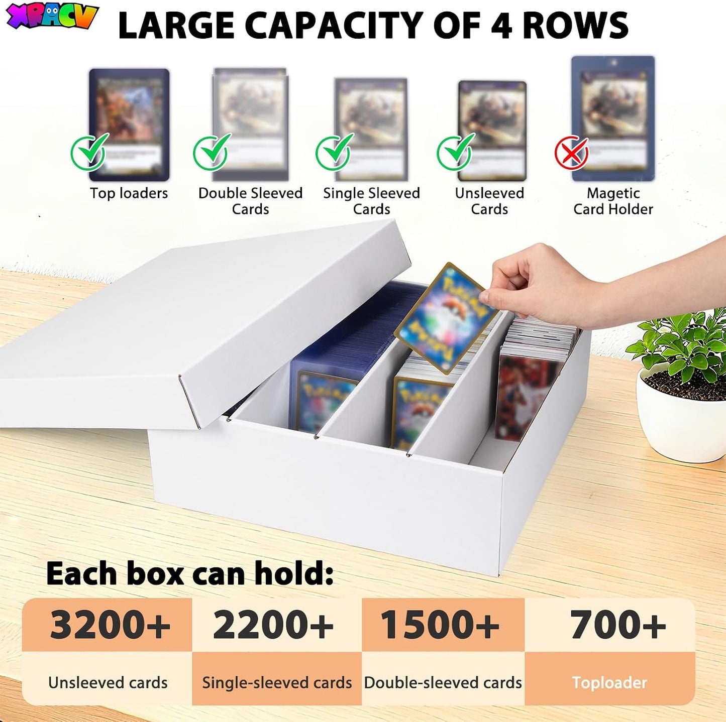 Hot 5-Pack Toploader Trading Card Storage Box, 4 Row 3200 Count White Cardboard Storage Box for Basketball/MTG/TCG/Sports/Game Cards Organizer and Collection