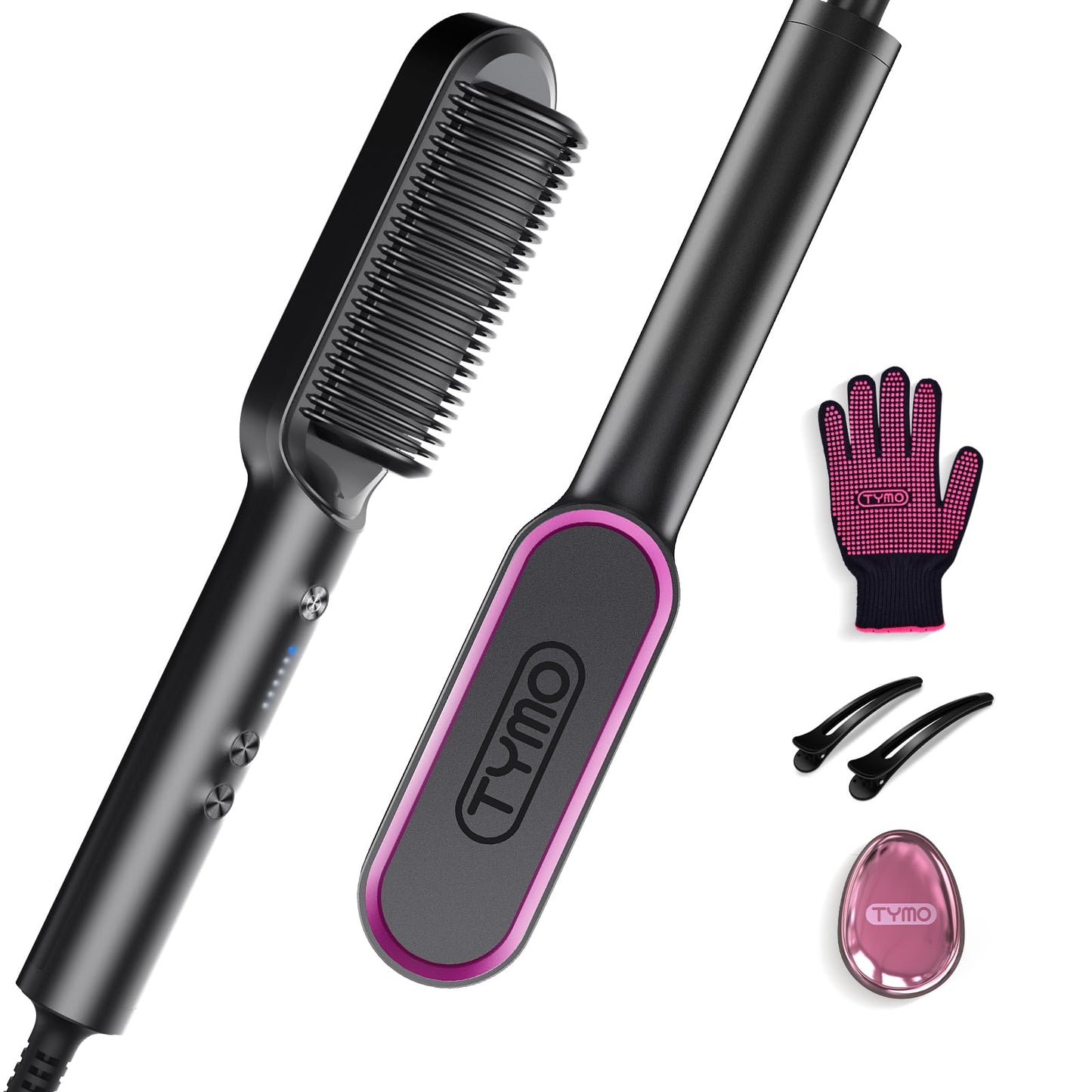 HotHair Straightener Brush, TYMO Ring Hair Straightener Comb Straightening Brush for Women with 5 Temps 20s Fast Heating & Dual Voltage, Black