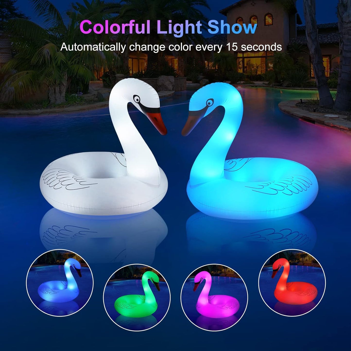 HotInflatable Swan Pool Float with Colorful Lights, FlyfreeU Solar Powered LED Color Changing Swan Swim Tube Rings, 42'' Large Pool Beach Floaties Lake and Beach Floaty Pool Raft Lounge for Adults Party