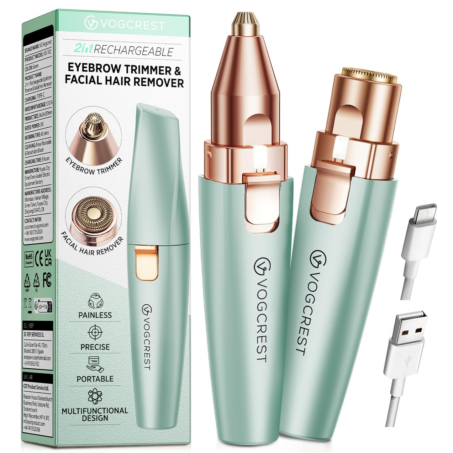 HotVG VOGCREST Eyebrow & Facial Trimmer: 2 in1 Rechargeable Facial Hair Removal & Eyebrow Shaver - Body Razor with Built-in LED Light (Rose Gold)