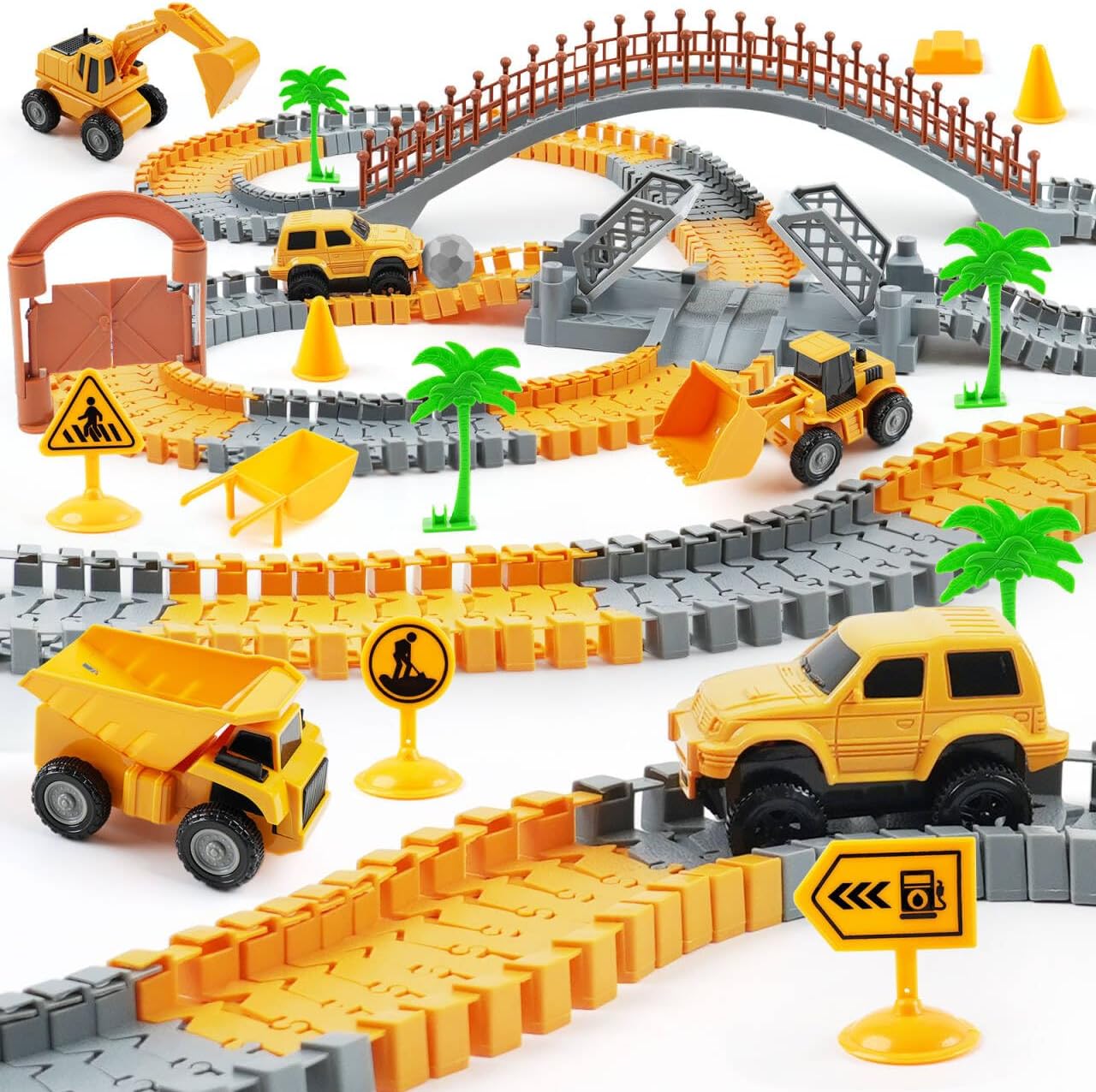 Hot Construction Race Car Track Set for Kids - Flexible Engineering Toys with 2 Electric Cars, Birthday Gift for 3 4 5 6 7 Year Old Boys, DIY Road Games Playset with 220+ PCS