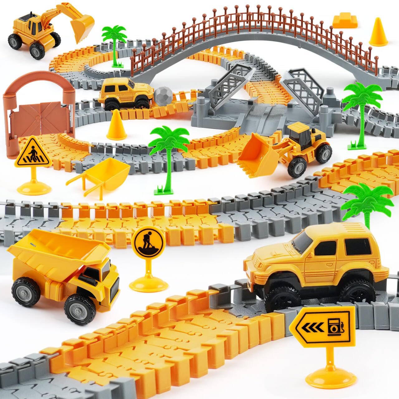Hot Construction Race Car Track Set for Kids - Flexible Engineering Toys with 2 Electric Cars, Birthday Gift for 3 4 5 6 7 Year Old Boys, DIY Road Games Playset with 220+ PCS