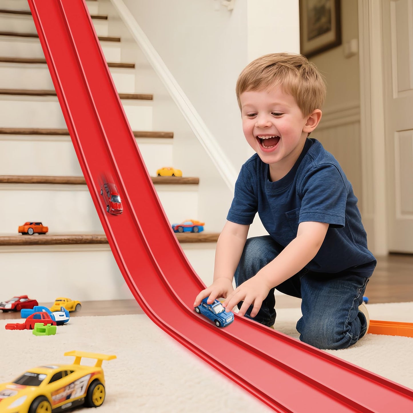 Hot Flex Tracks 15 Ft Starter Set Flexible Race Track for Kids 3+, Flexible Car Track Race Car Ramp Track Compatible with Diecast 1/64th Cars, Portable Rolls Up Race Tracks with Strong Suction Cups
