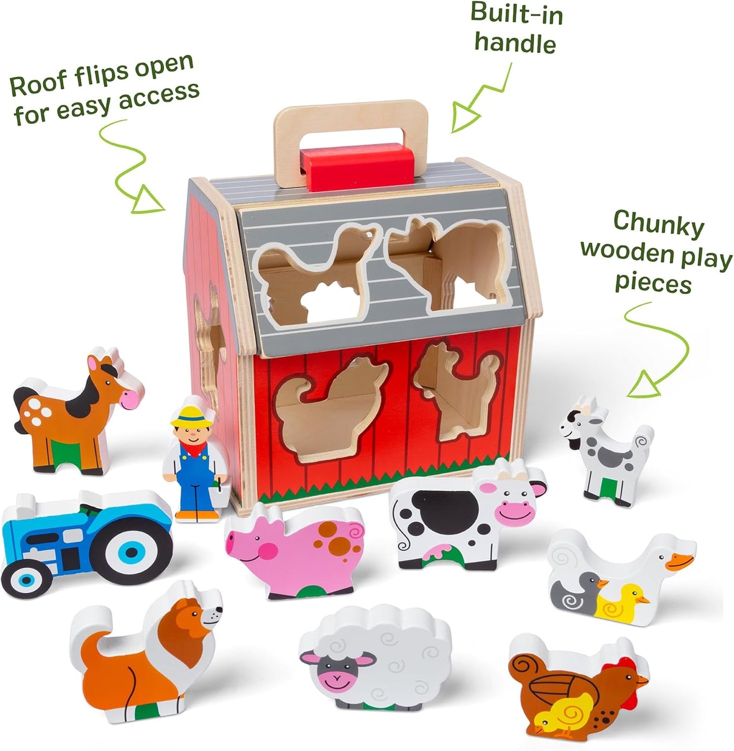 HotMelissa & Doug Take-Along Wooden Toy Barn, 11-Pc Portable Toddler Playset with Farm Animals & Pop-Up Roof, Preschool Learning Toys for Girls & Boys 2+