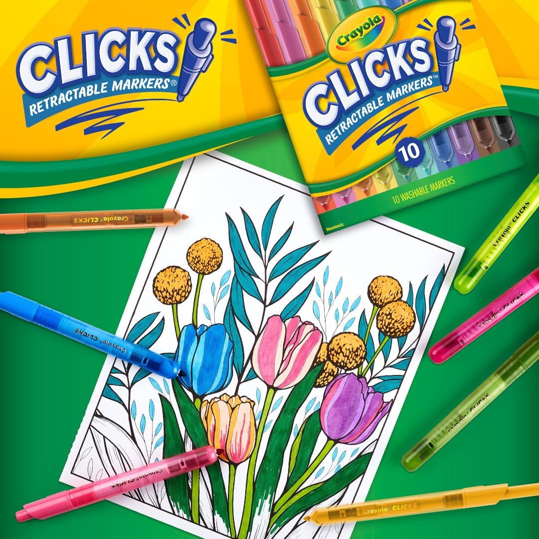 HotCrayola Clicks Retractable Tip Markers (10ct), Washable Cone Tip Art Marker Set, Cute Aesthetic School Supplies, Classroom Must Haves, Ages 3+
