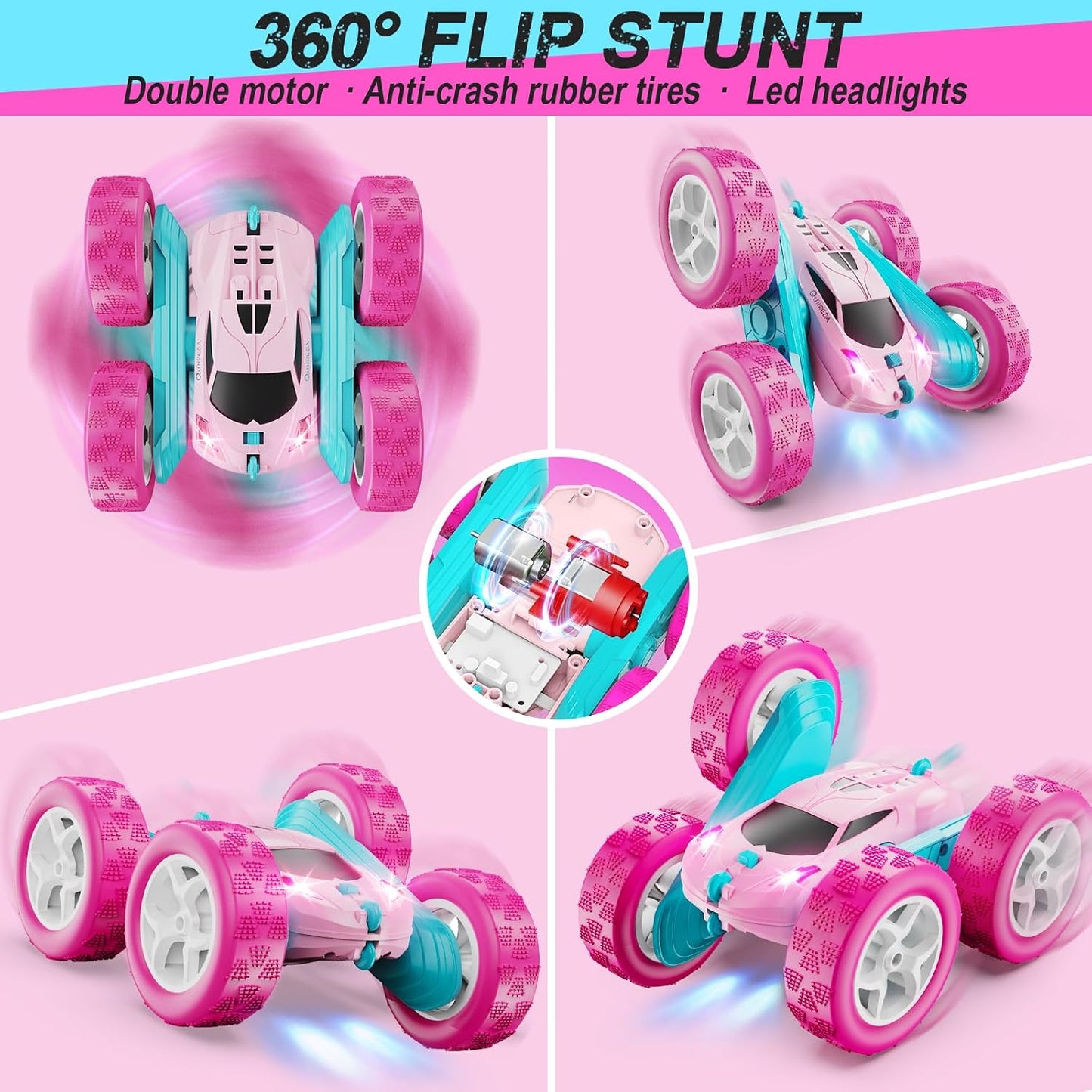 HotQUNREDA RC Cars, Pink Remote Control Car for Girls, 2.4 GHZ Double Sided RC Stunt Car 360° Rotating Remote Control Crawler with Headlights Car Toys for 6 7 8 9 10 11 12 Girls Birthday Gift Grandkids