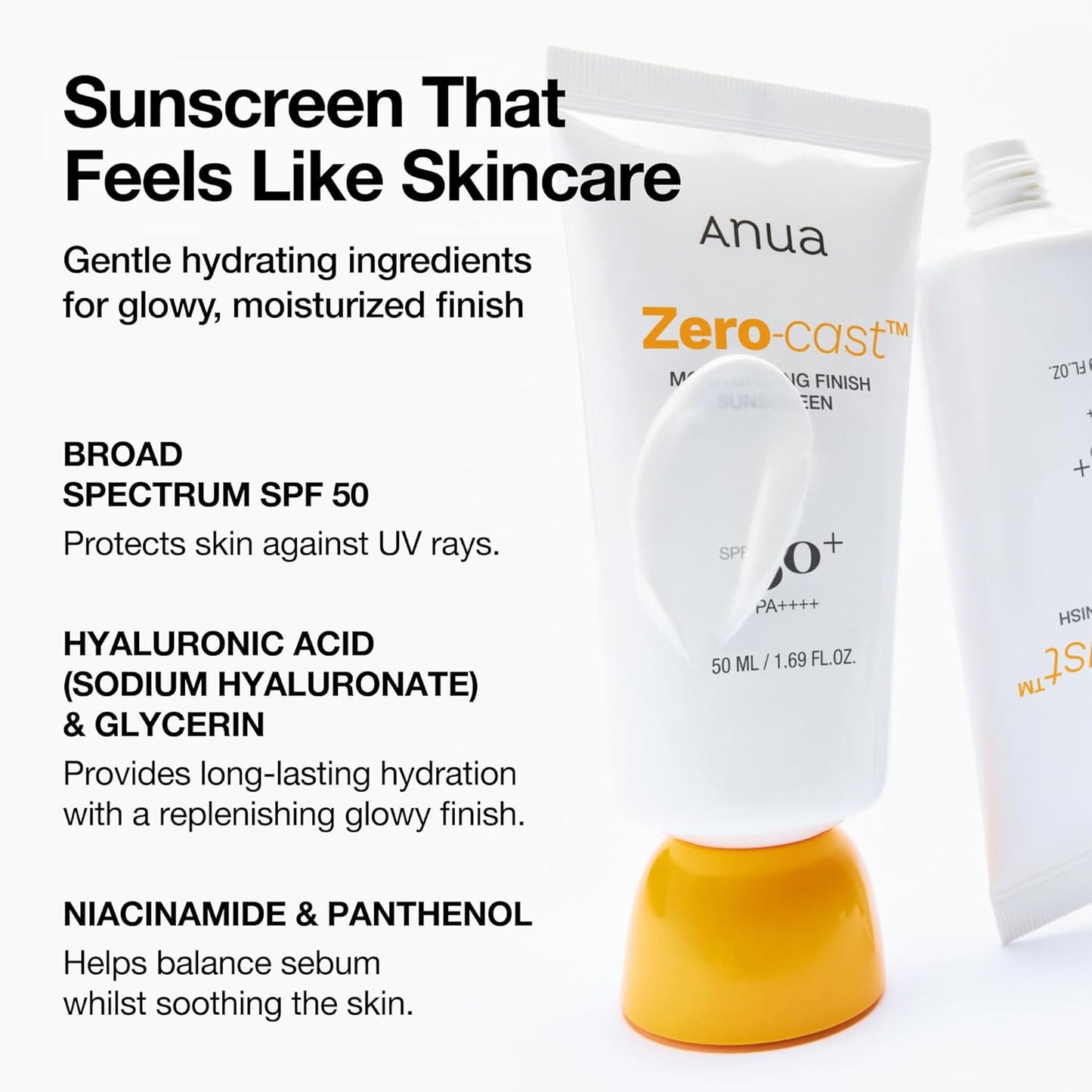 HotAnua, Zero-Cast Moisturizing Sunscreen SPF 50, Glow Natural Sunscreen for face, No White Cast, Hyaluronic Acid, Niacinamide, Oil-Free, Korean Skincare, 1.69 fl oz