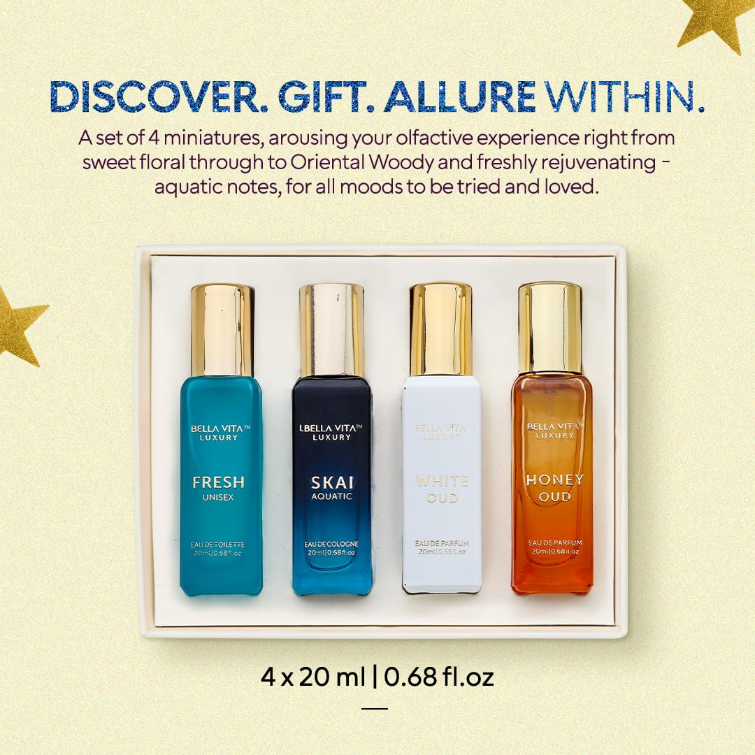 Hot Bellavita Luxury Unisex Perfume Gift Set with Honey & White Oud, Skai, & Fresh | 80ml | Perfume for Men and Women | Honey, Artemisia Lemon, Bergamot, & Sweet Almond Notes | Gift for Father's Day