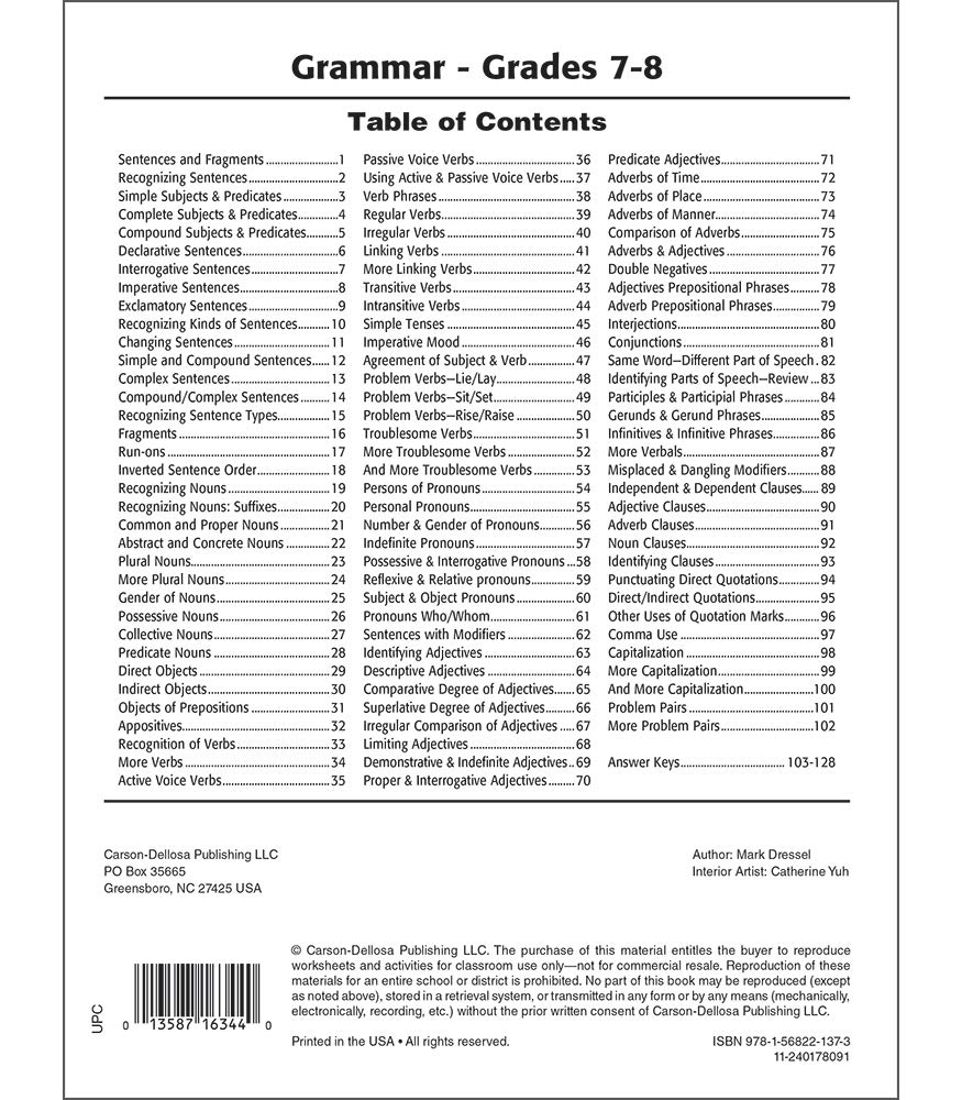 Hot Carson Dellosa | Grammar Reproducible Activities Workbook | 7th–8th Grade, 128pgs (Volume 12)