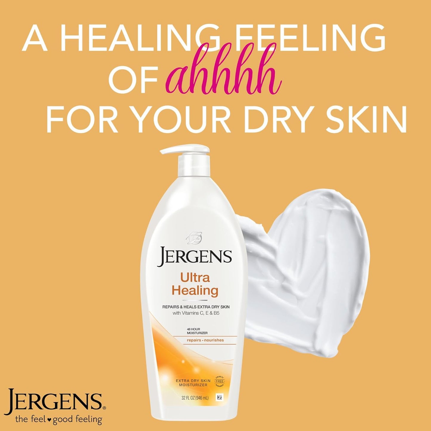 HotJergens Ultra Healing Dry Skin Lotion, Hand and Body Moisturizer for Quick Absorption into Extra Dry Skin with Hydralucence Blend, Vitamins C, E and B5, White, 32oz