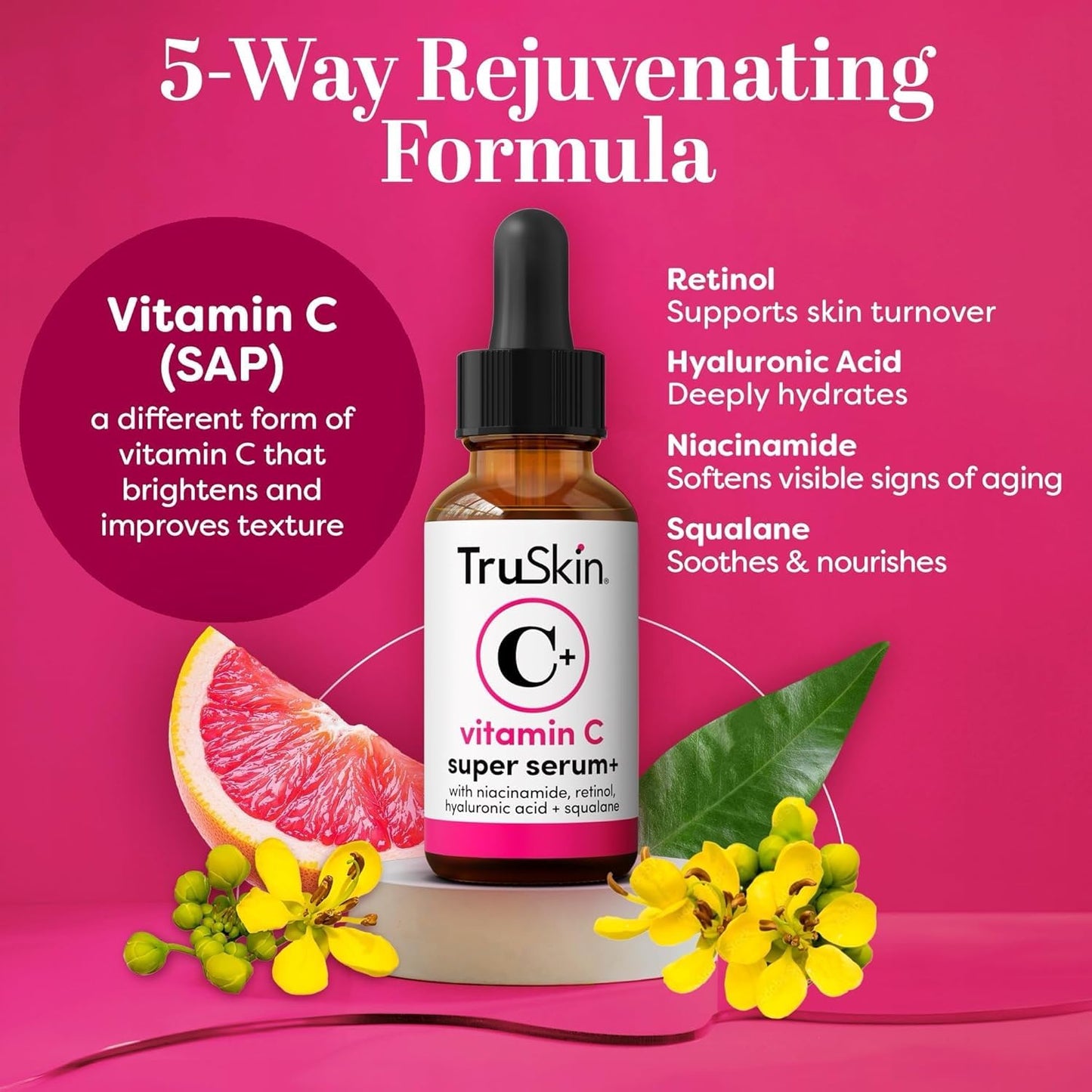 HotTruSkin Vitamin C Super Serum for Face - Five Skin Benefits in One Serum with Vitamin C, Retinol, Niacinamide, Hyaluronic Acid & Squalane - Brighten, Firm & Smooth the Look of Skin - 1 fl oz