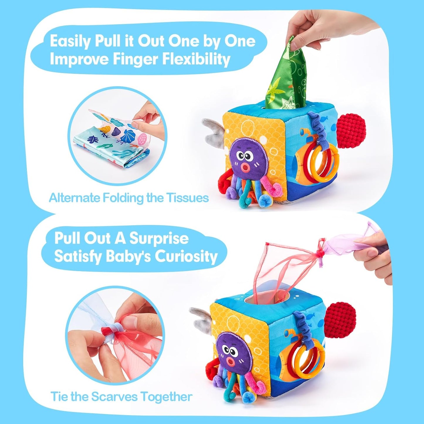 Hot hahaland Baby Tissue Box Toy 6-12 Months Montessori Toys 6 7 8 9 Month Old | Textured Tails, Crinkle Tissues, Squeaky, Mirror, Pull & Hang Ring, Play Silks Sensoy Scarves Soft Baby Gift Busy Travel Toys