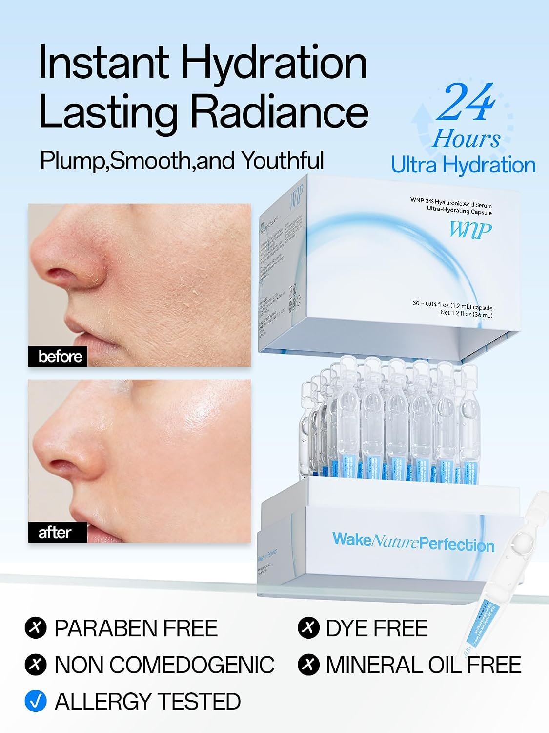 HotWNP Hyaluronic Acid Serum 3% for Face with 4D Multi-Layer Hydration | Ultra Hydrating Anti-Aging Serum | Moisturizer for Dry & Sensitive Skin | Pre-Makeup Skincare | Single-Use Vials 30PCS