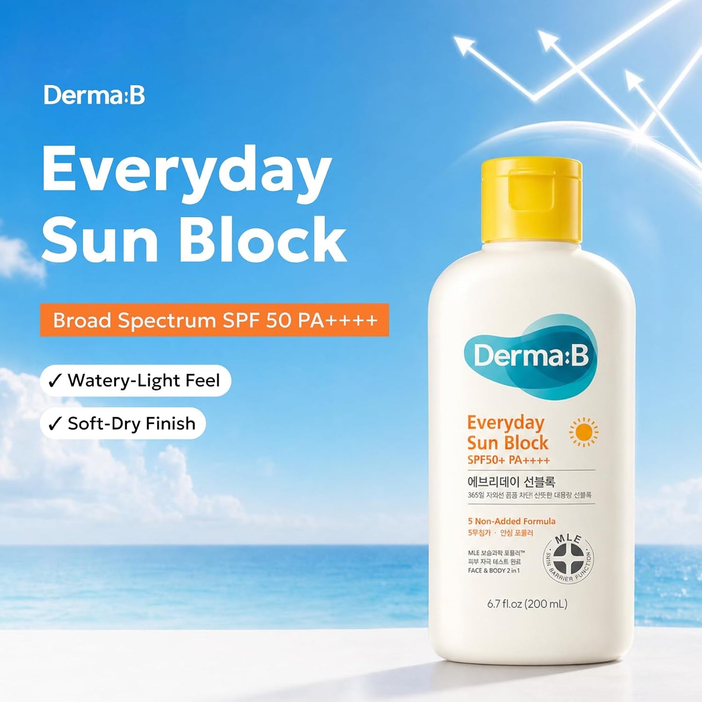 HotDerma B Everyday Sun Block Large Size Sunscreen SPF50+ PA++++ 6.71 Fl Oz, 200ml Fast-Absorbing Lightweight SPF Moisturizer, Facial Body Non-Sticky for Dewy Skin, Korean Protection Lotion | Korean Face Sunscreen | Lightweight Hydrating Formula | No Whit