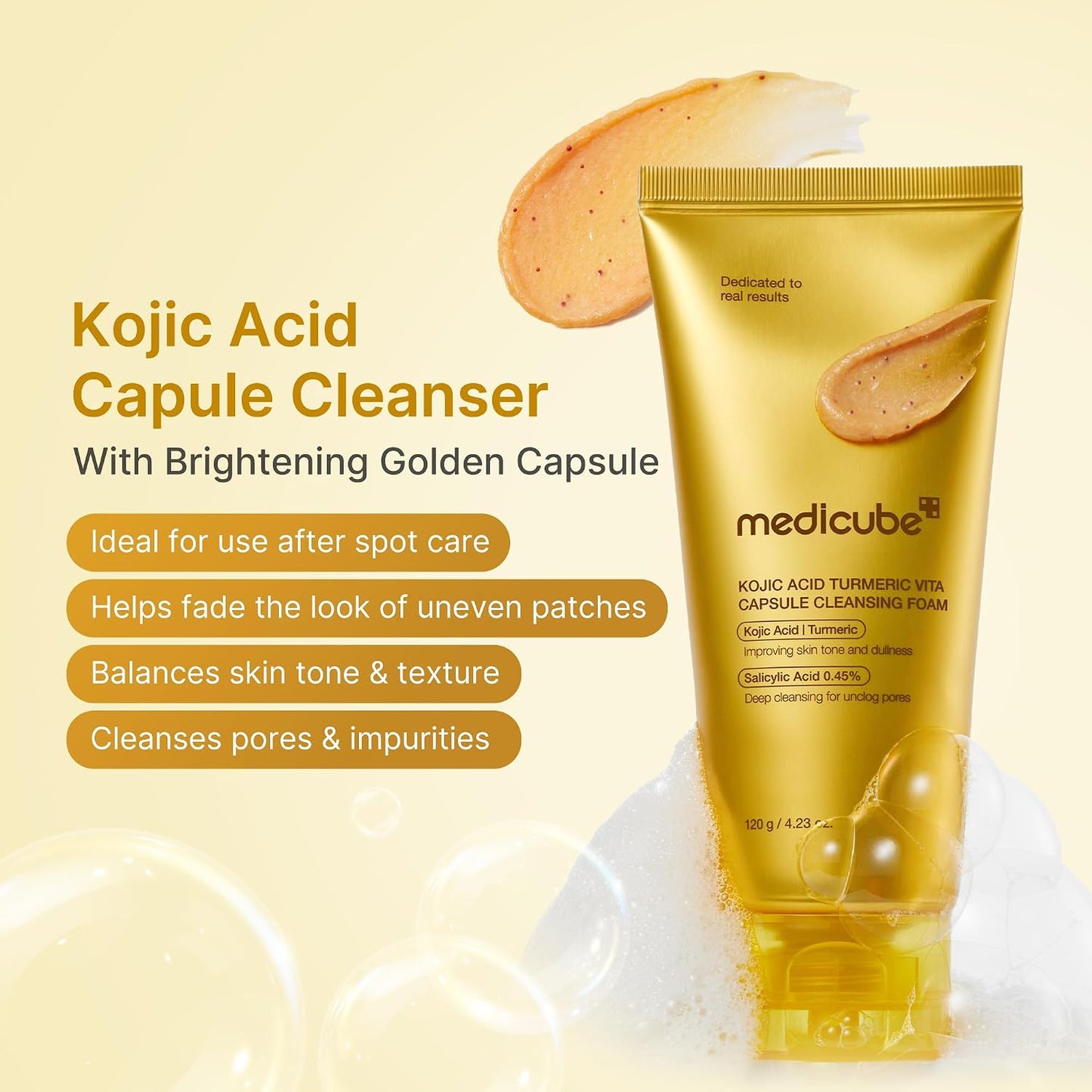 Hotmedicube Facial Cleanser Turmeric Capsule Foam Cleanser | Balancing Uneven Skin Tone & Texture - Fade Appearance of Uneven Patches, After Spot Care, Korean Skincare, 4.23 oz