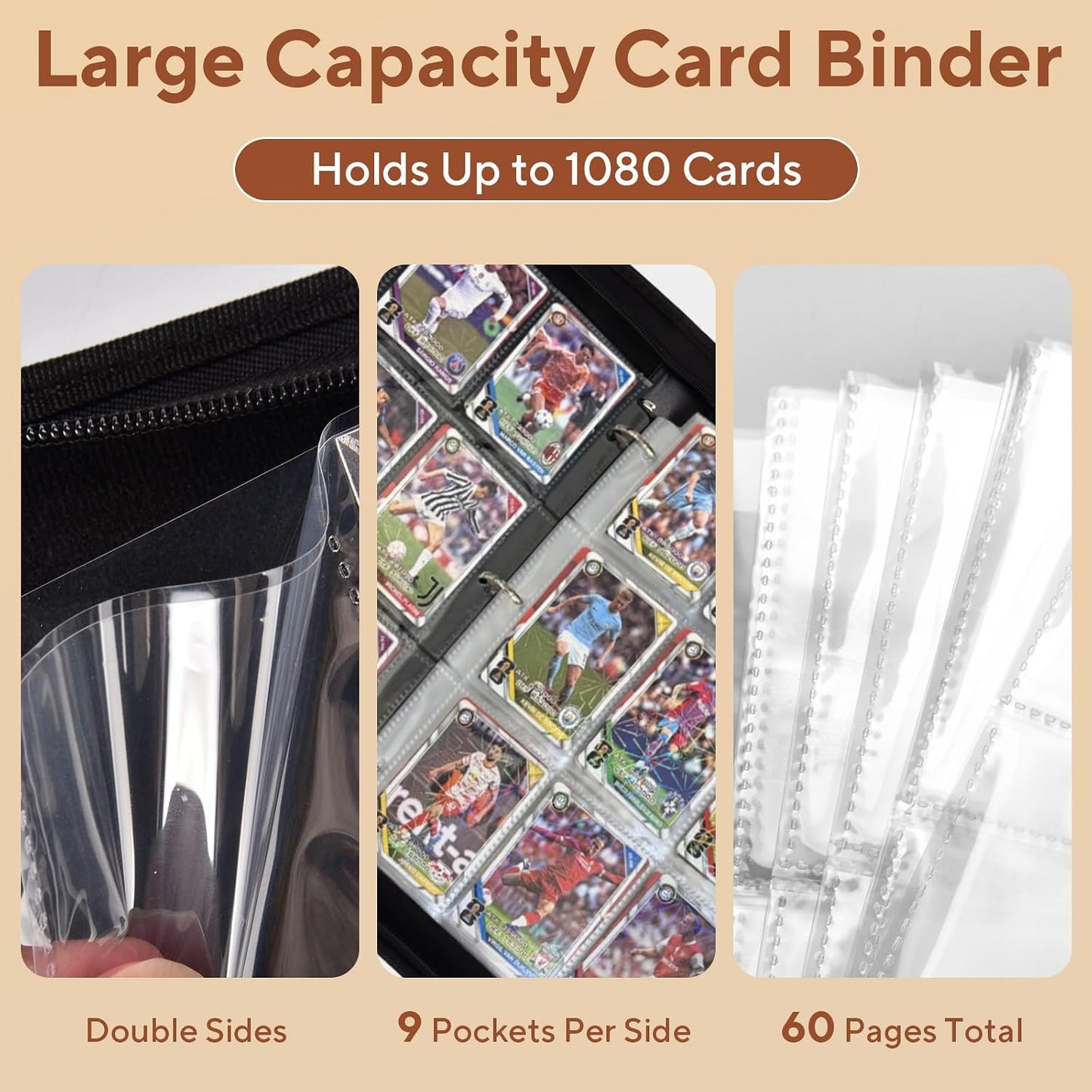 Hot Baseball Card Binder 9 Pocket, 1080 Pockets Trading Card Binder with Zipper, Portable Collector Card Album Storage Organizer for Sports Cards, Game Cards, Gifts for Kids