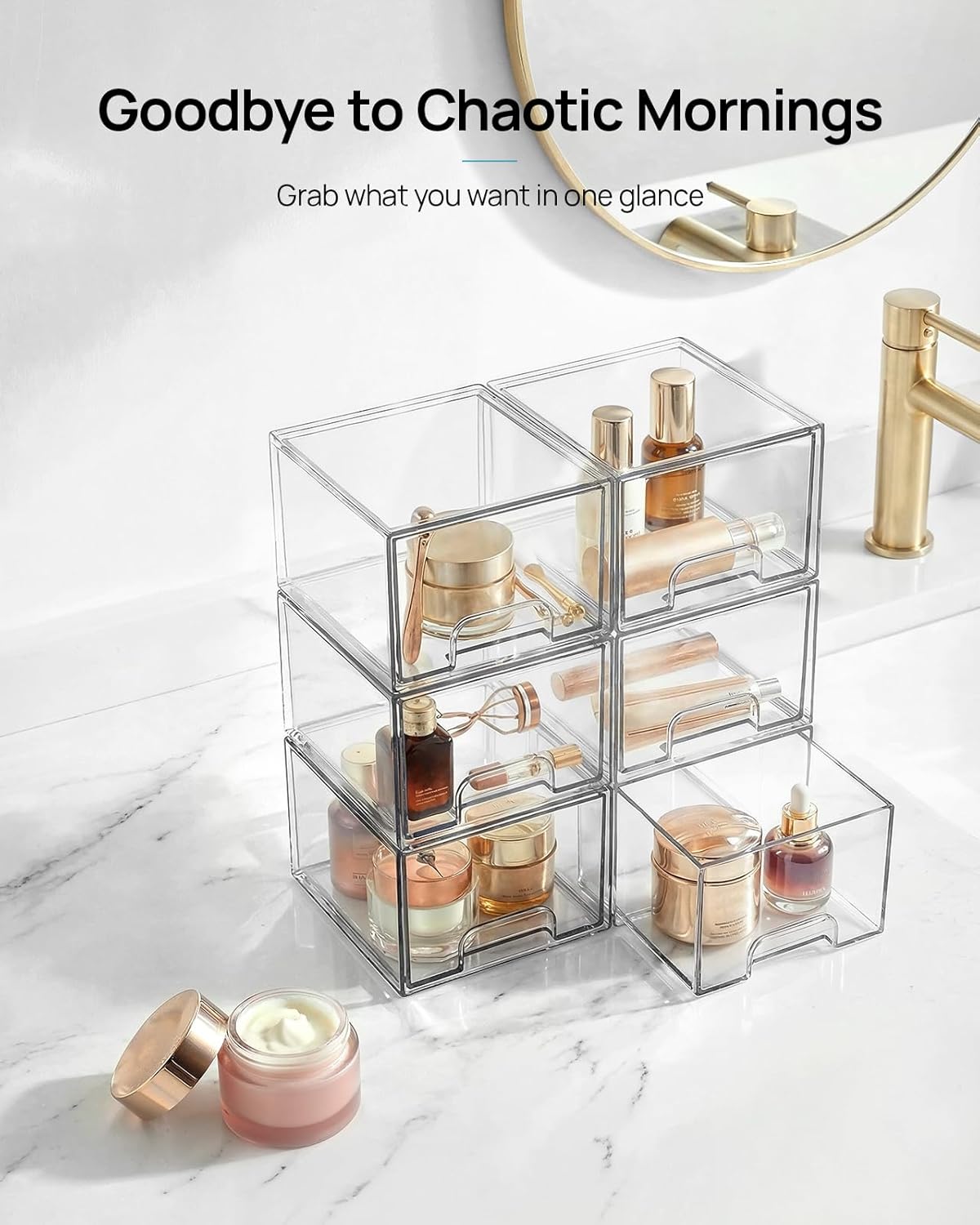 HotVtopmart 4 Pack Small Clear Stackable Storage Drawers,Acrylic Bathroom Makeup Organizer,Plastic Storage Bins for Vanity, Undersink, Kitchen Cabinets, Pantry, Home Organization