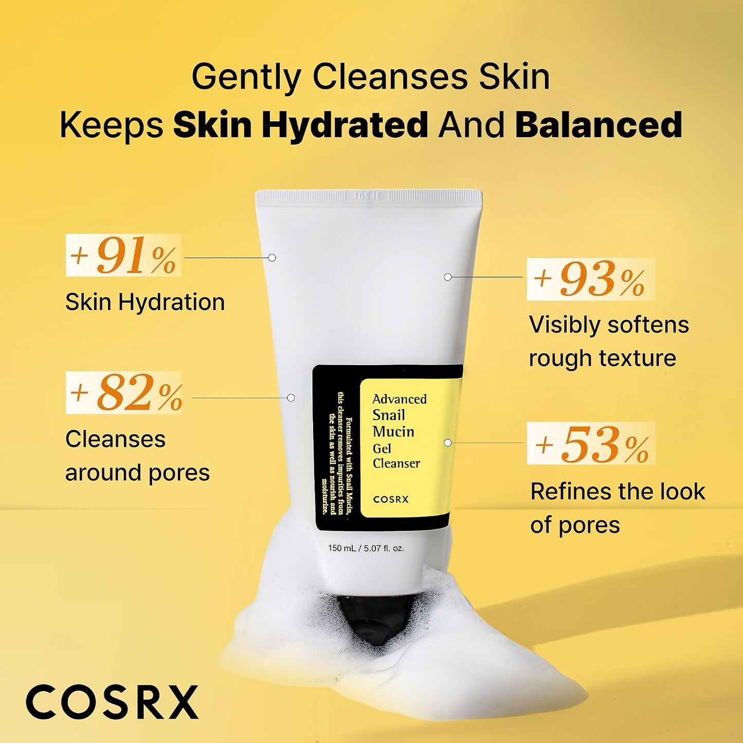 HotCOSRX Advanced Snail Mucin Gel Cleanser, 5.07 Fl Oz / 150 mL, Rich Daily Deep Cleansing Gel Cleanser for Dull, Dry & Sensitive Skin, Korean Skin Care, Korean Face Wash