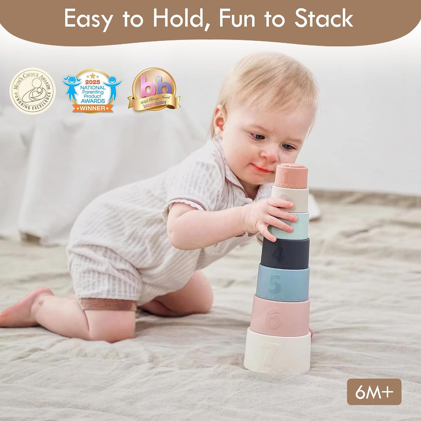 Hot Moonkie Stacking Cups Toy, Fun Educational Baby Toys Silicone Soft Teething Toy, Age 6+ Months, 7 Piece Set