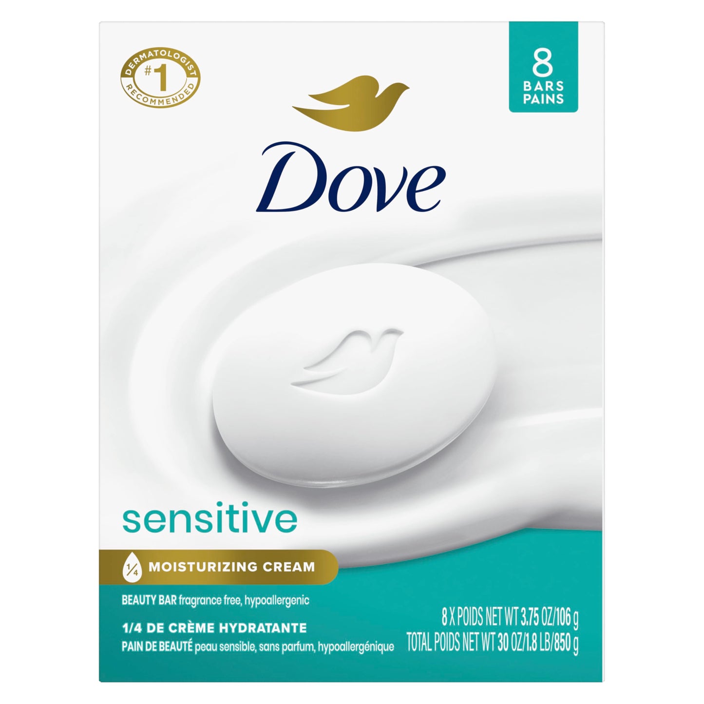HotDove Beauty Bar Soap Sensitive, 8 Bars for Sensitive Skin, Fragrance Free and Hypoallergenic 3.75 oz