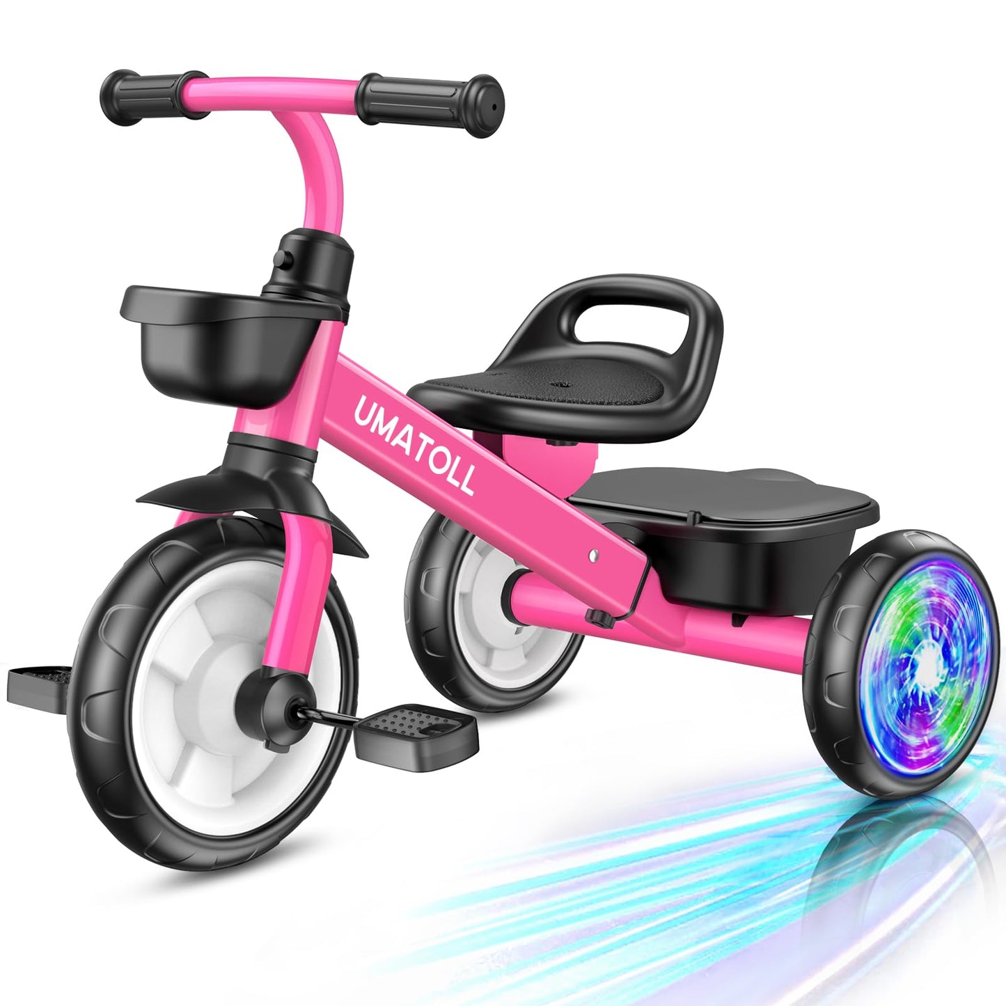 Hot Umatoll Tricycle for Toddlers 2-5 Year Old, Ajustable Toddler Bike Outdoor Toys, Birthday Gift for Girl Age 2-4, Trike with Light up Wheels