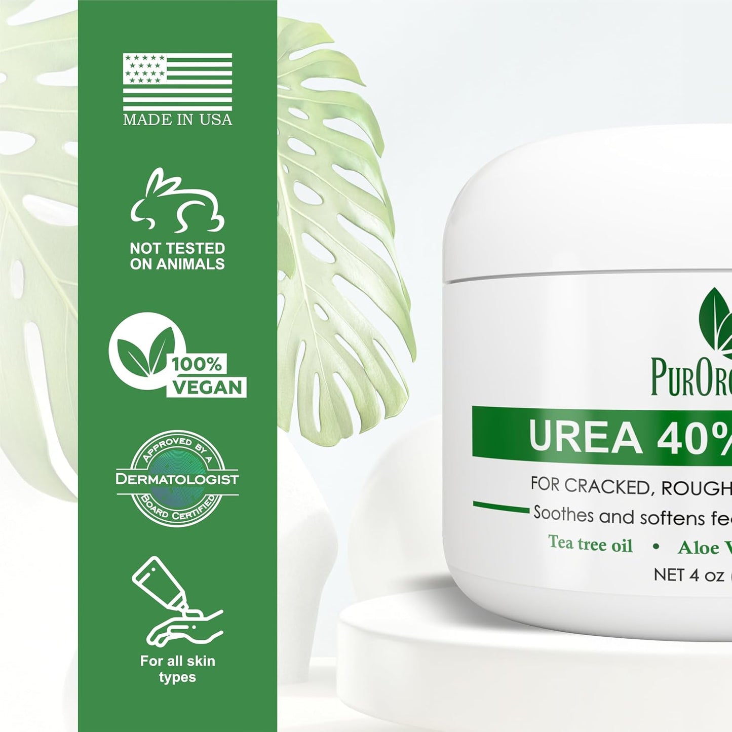 HotPurOrganica Urea Cream 40% – Made in USA, Maximum Strength Foot Cream for Dry, Cracked Heels, Corns, Calluses & Rough Feet, Exfoliating Moisturizer