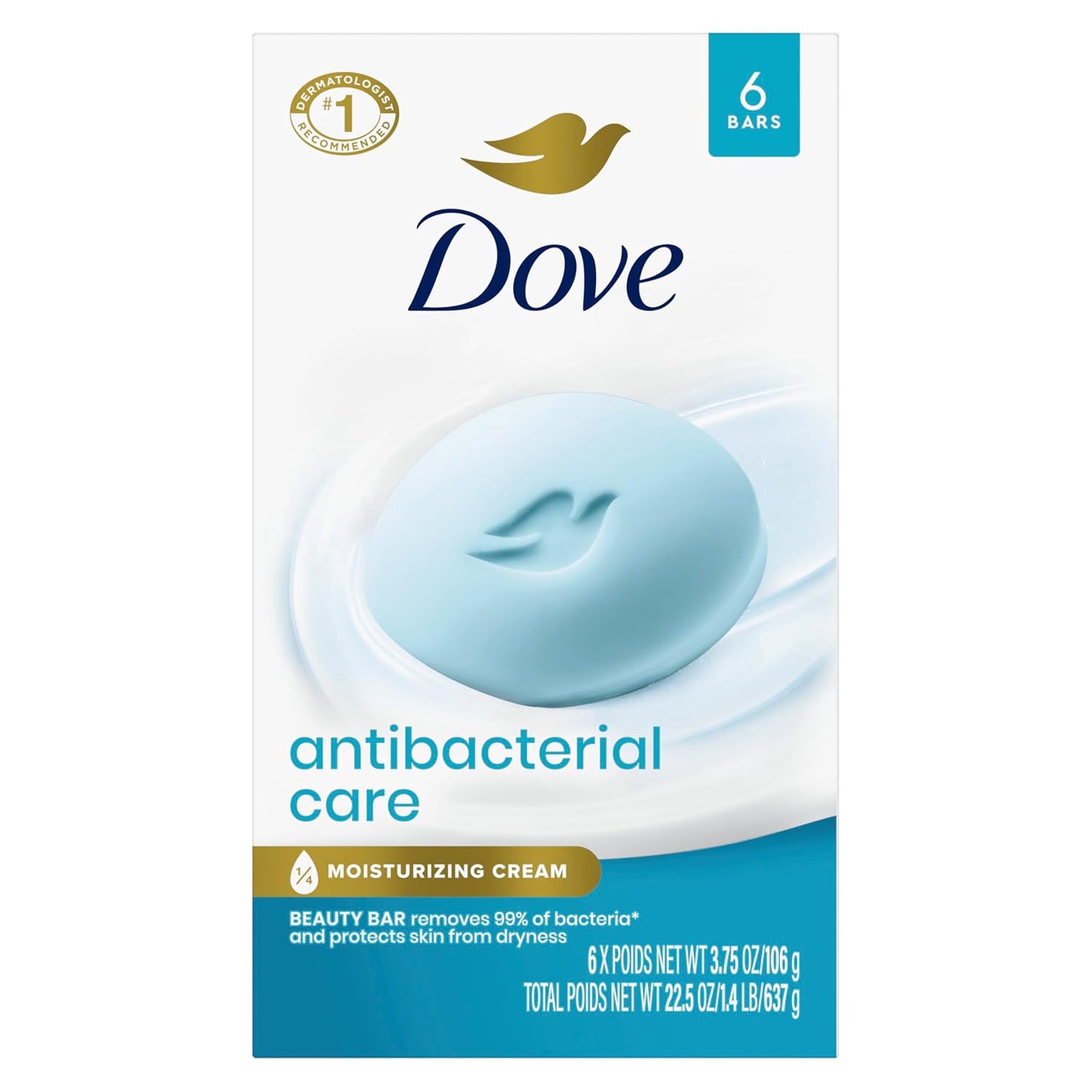 HotDove Antibacterial Care Beauty Bar Soap 6 Count, Moisturizing Cleanser, 3.75 oz I Antibacterial beauty bar with ¼ moisturizing cream that removes 99% of bacteria while protecting skin from dryness