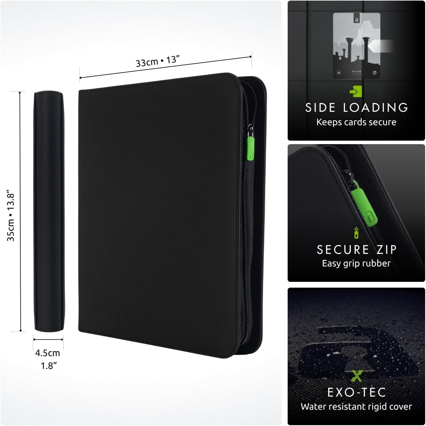 Hot Vault X 12 Pocket Zip Trading Card Binder 480 Cards Exo-Tec (Black) | Holds 480 standard-size TCG cards in 20 side-loading 12-pocket pages. Padded, water-resistant Exo-Tec cover.