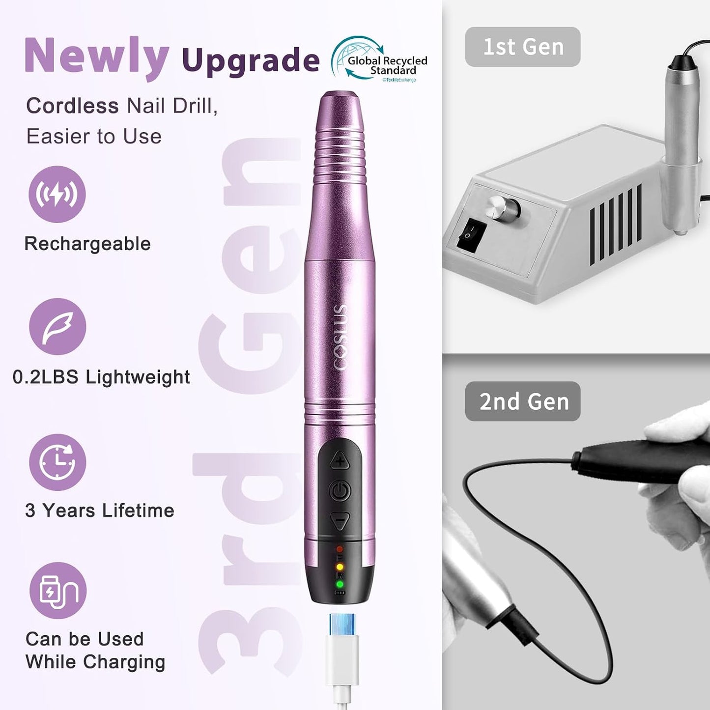 HotCOSLUS C20 Cordless Nail Drill Electric File: Professional for Acrylic Gel Dip Powder Nails, Portable All-in-One Nail Drill Machine Kit for Manicure & Pedicure, Rechargeable Lightweight, Purple