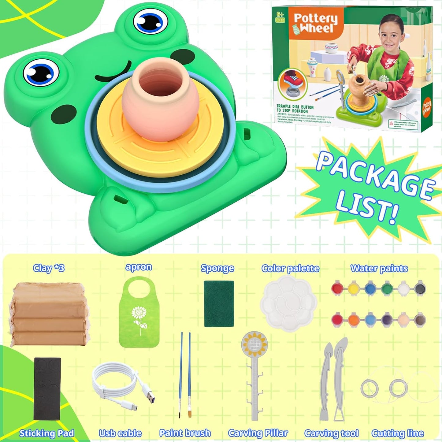HotAujazyble Pottery Wheel for Kids - Complete Pottery Painting Kit Arts and Crafts for Kids Ages 8-12 with 3 Pack Air Dry Clay Art Supplies Toys for Girls Boy Birthday Gift for 6 7 8 9 10 11 12+