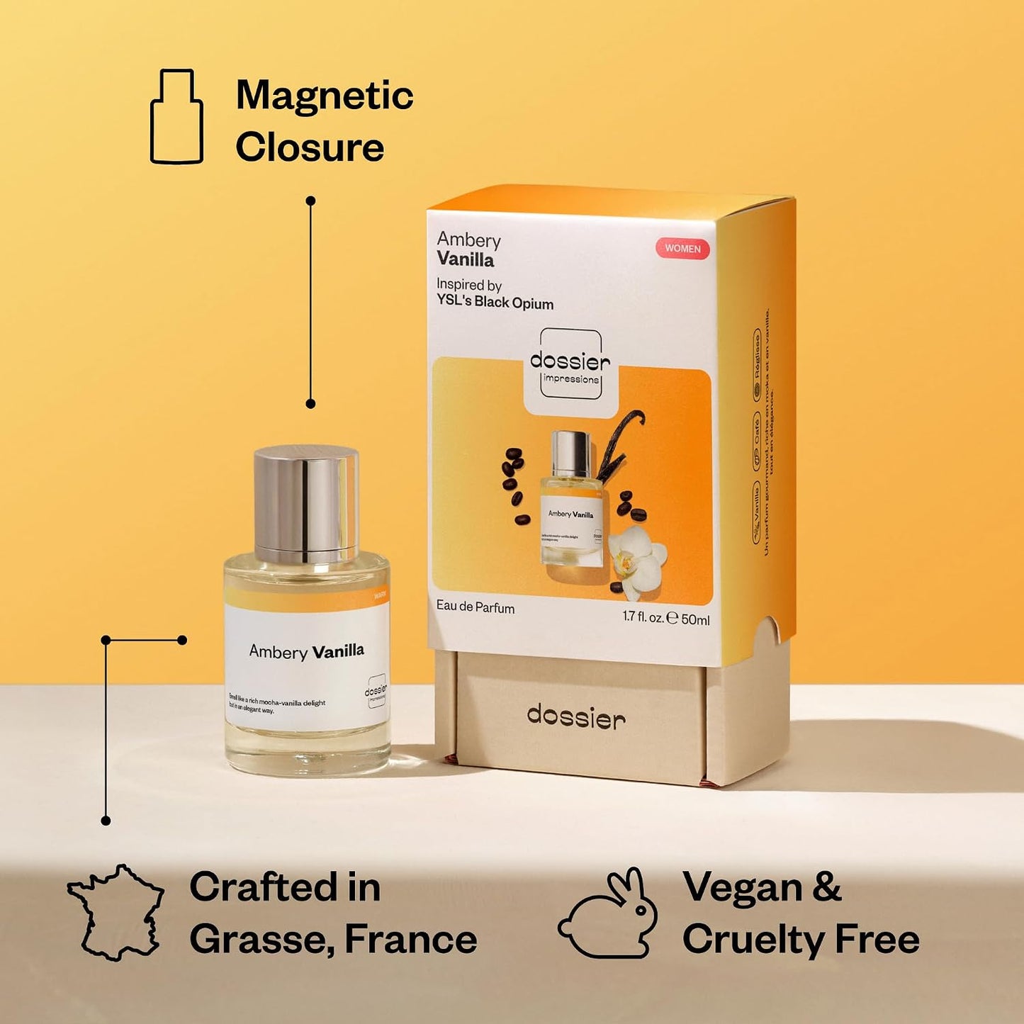 Hot Dossier - Ambery Vanilla - Eau de Parfum - Vanilla Perfume - Inspired by Black Opium - Long-Lasting Fragrance - Feminine - 1.7 fl oz (50ml)