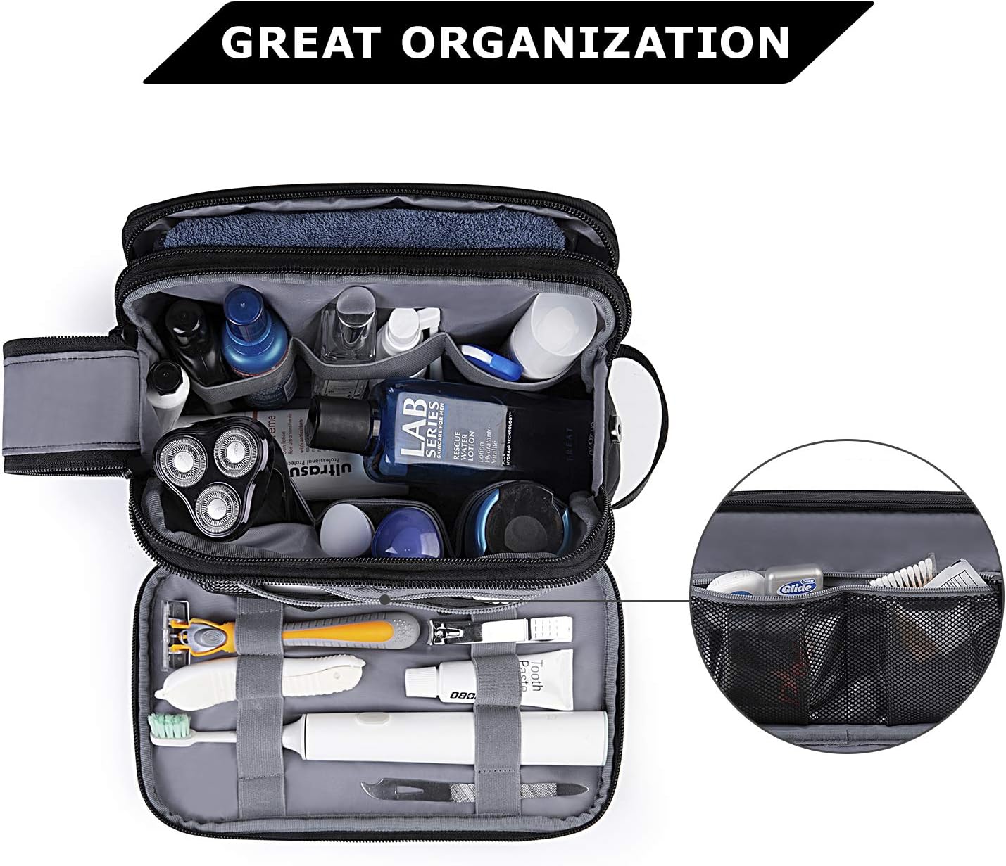 HotBAGSMART Toiletry Bag for Men, Travel Toiletry Organizer Dopp Kit Water-resistant Shaving Bag for Toiletries Accessories, Door Room Essentials, Black-medium