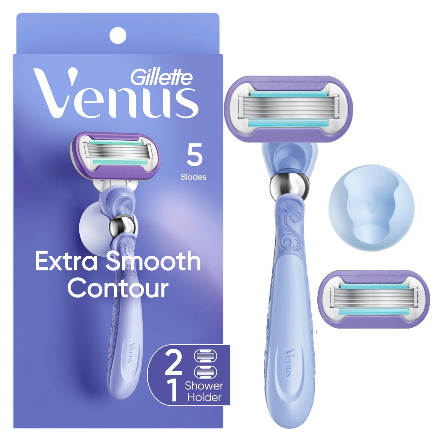 HotGillette Venus Razor for Women, Extra Smooth Contour, Includes 1 Reusable Razor Handle + 4 Count 5-Bladed Razor Refills, with Flexiball Pivoting Handle and Shower Holder