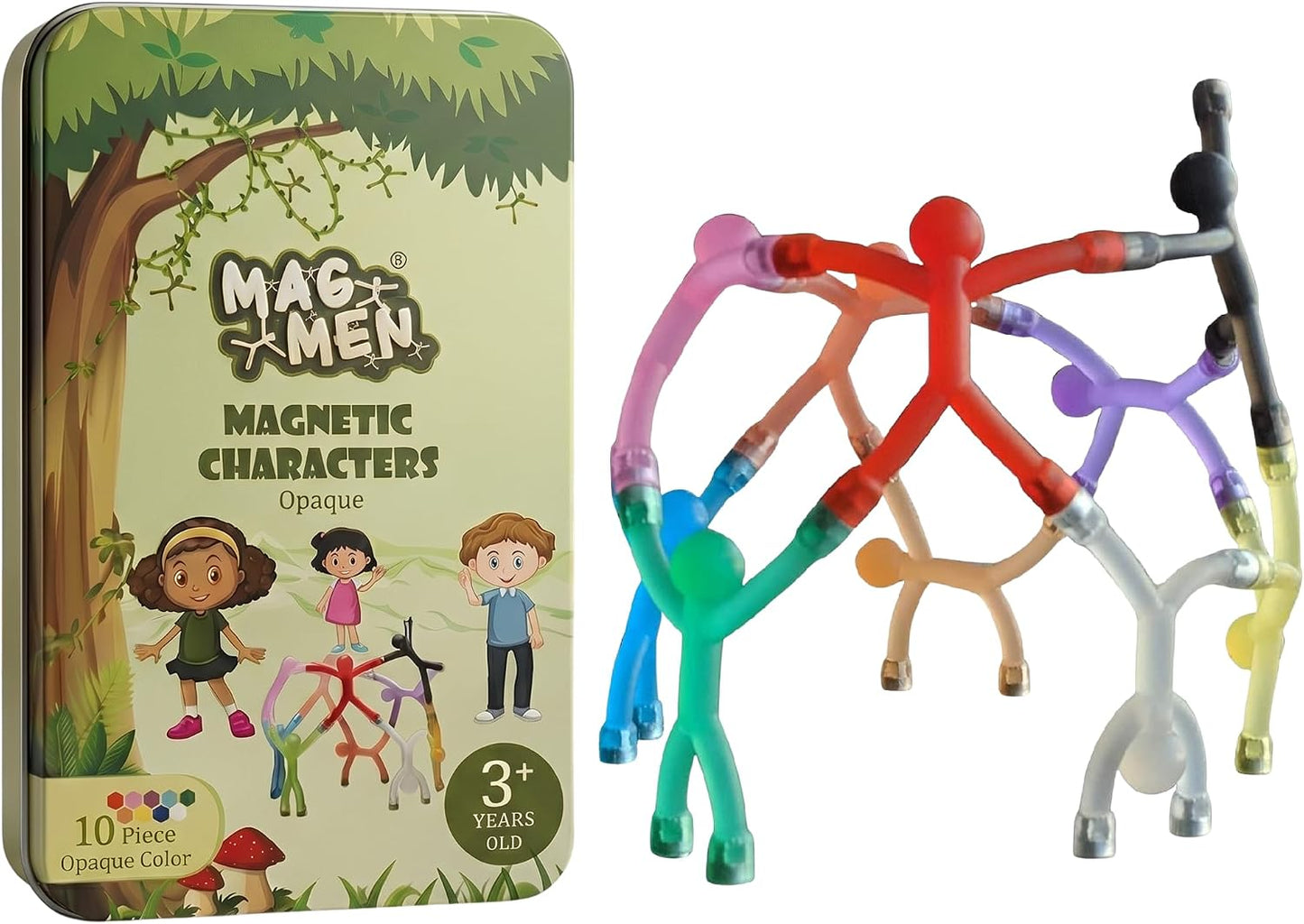 HotMAGMEN 10-Piece Magnetic Fidget Figures with Storage Tin - Opaque-Color Magnetic Character Figures for Kids & Adults - Quiet Airplane & Road Trip Travel Toy - Screen-Free Sensory Desk Toy