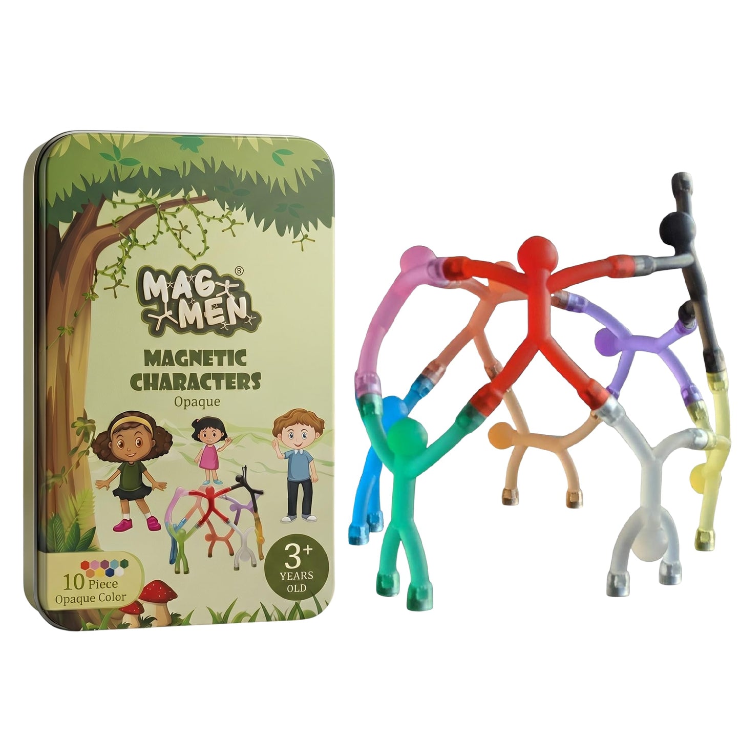 HotMAGMEN 10-Piece Magnetic Fidget Figures with Storage Tin - Opaque-Color Magnetic Character Figures for Kids & Adults - Quiet Airplane & Road Trip Travel Toy - Screen-Free Sensory Desk Toy