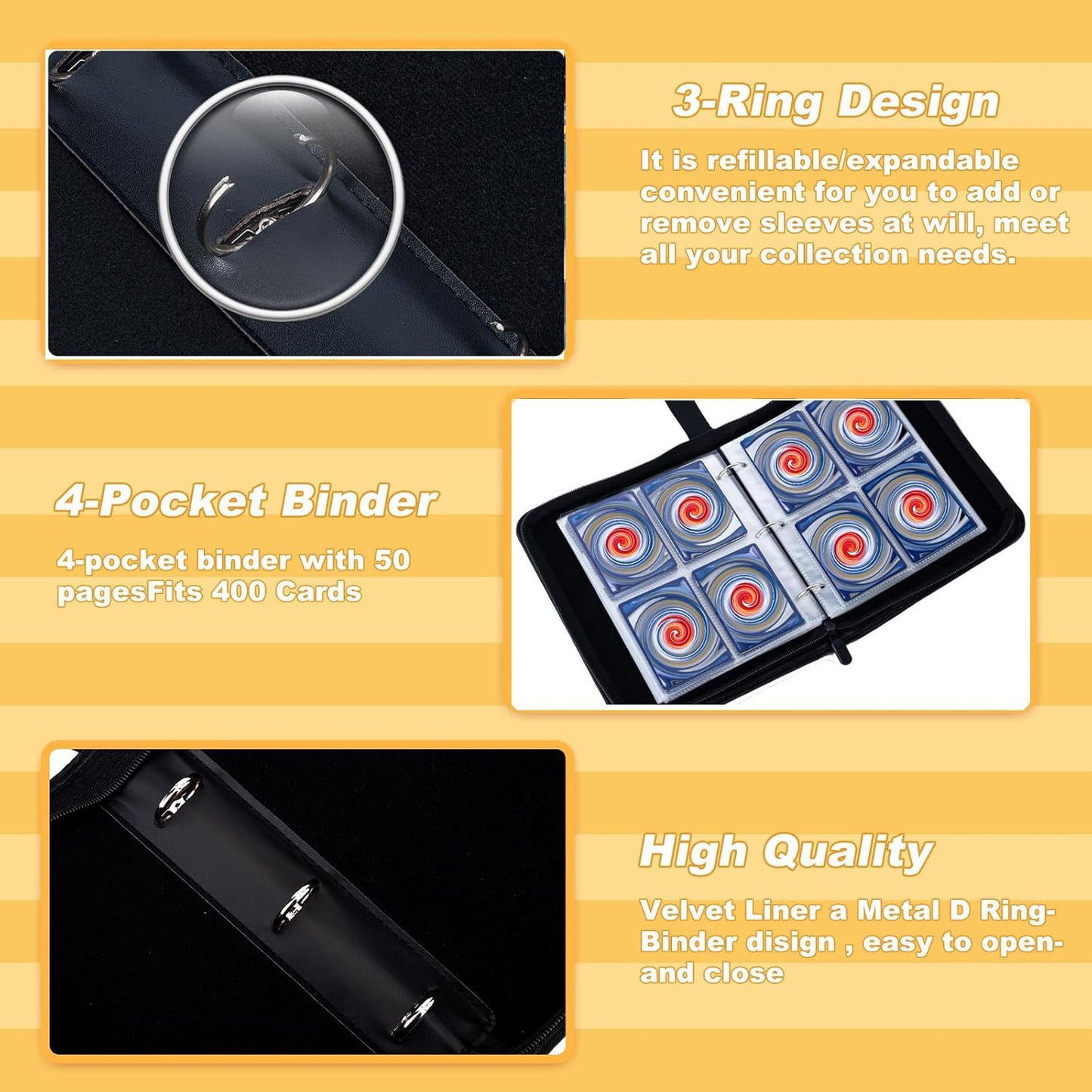 HotJravkfi Card Binder 4 Pocket with 50 Removable Sleeves-Can Hold 400 Cards,3-Ring Zipper Sports Book, Ideal for All Card Collectors（Black）