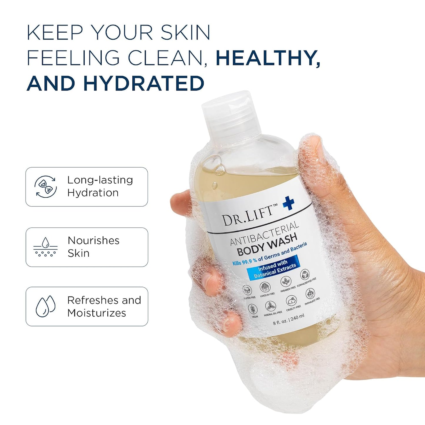 HotDr. Lift Antibacterial Body Wash, Lemon, Spirulina, Vegan, 8 Fl Oz | Refreshing Scent, Citric Acid, Hydrating Moisturizing Formula, Paraben & Phthalate Free