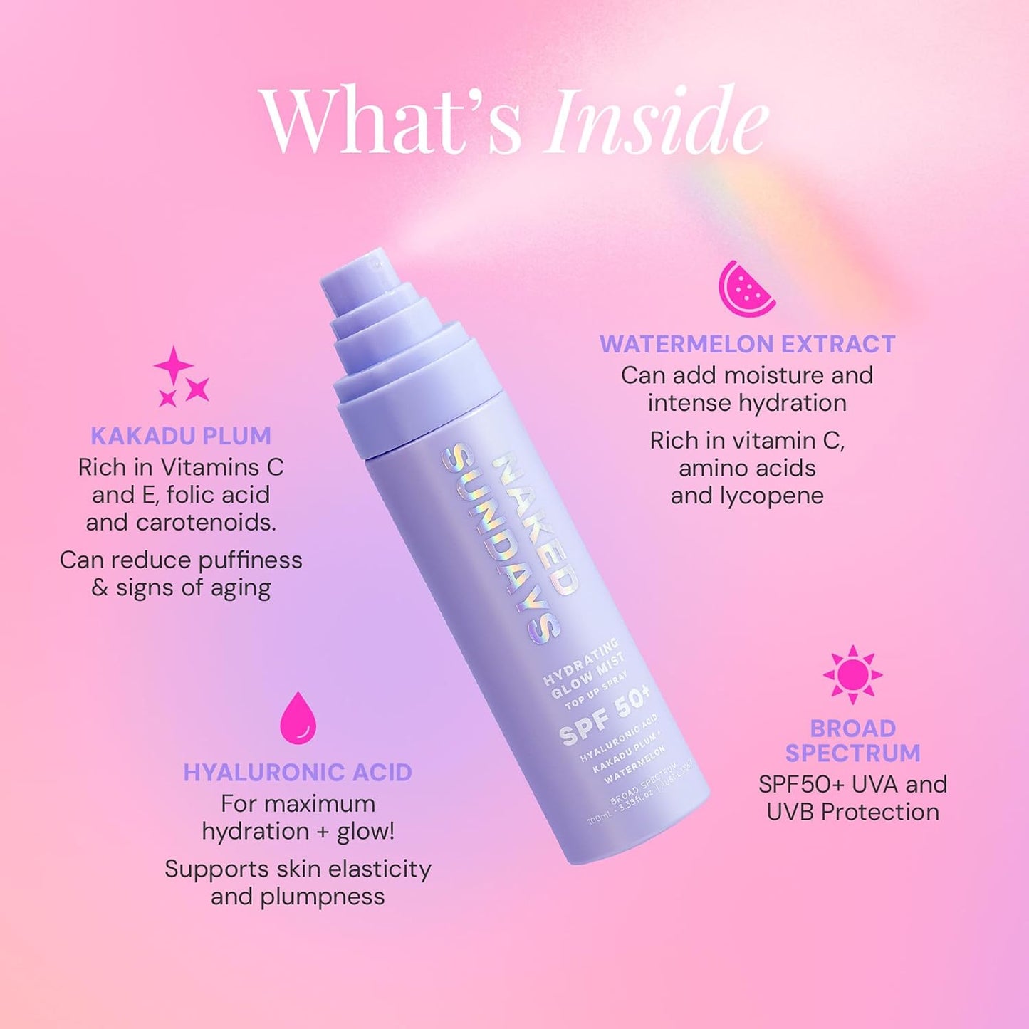 HotNaked Sundays SPF 50 Hydrating Glow Sunscreen Mist for Face, SPF Setting Spray with Hyaluronic Acid, Makeup Setting Spray, Lightweight, Non-Greasy Hydration, 75ml