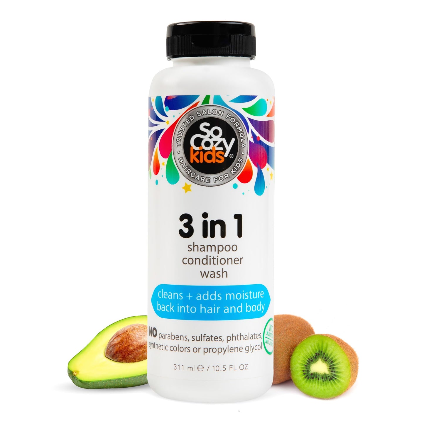 HotSoCozy 3 in 1 Kids Shampoo + Conditioner + Body Wash (16 Fl Oz) Gentle, Hydrating Hair & Body Cleanser with Keratin, Vitamin B5, & Kiwi Extract, Paraben & Sulfate-Free