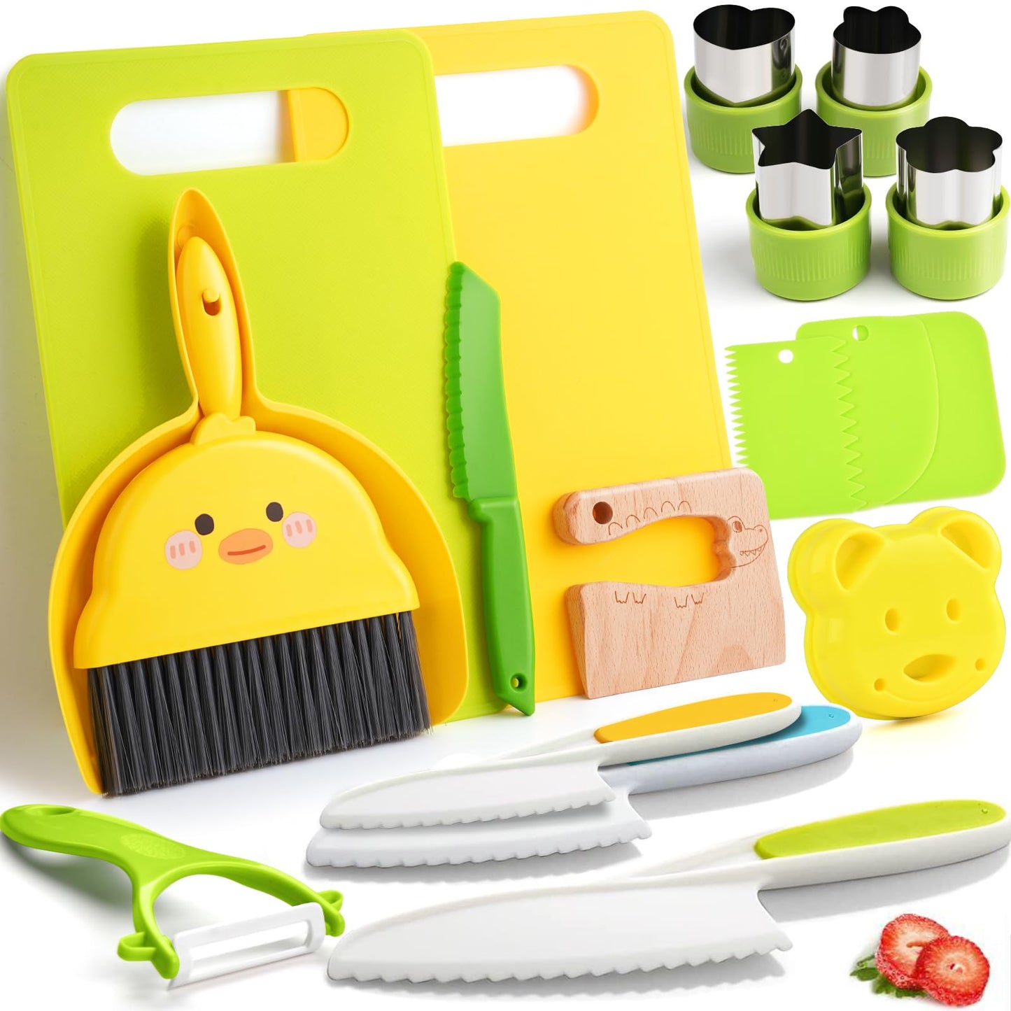 Hot13 Pieces Montessori Kitchen Toys for Toddlers-Kids Cooking Sets Real-Toddler Toys Set for Real Cooking with Plastic Children Safe Knives Crinkle Cutter Kids Cutting Board