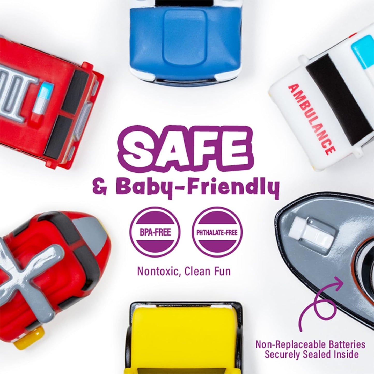 HotTub Works® Emergency™ Cars Light Up Bath Toys, 6 Pack | Water-Activated Light Up Toys Flash & Change Color | Soft, Squeezable Baby & Toddler Bath Toys | Sensory Toys with Bath Lights for Kids Bath