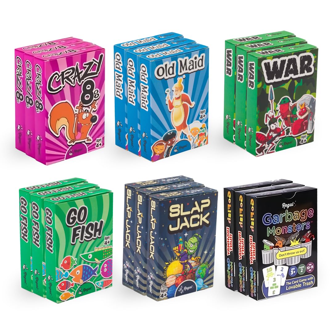 HotRegal Games Card Games for Kids - Go Fish, Crazy 8's, Old Maid, Slap Jack, Garbage Monster, War - Simple & Fun Classic Family Table Games - Games May Vary (6 Set)