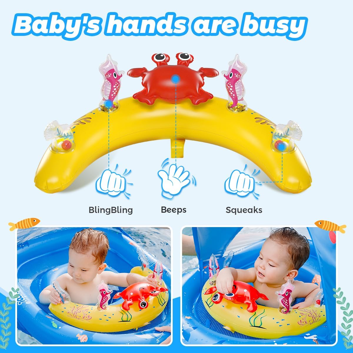 HotLAYCOL Baby Pool Float with Canopy UPF50+, 120°Adjustable Sun Protection and Anti-Tip Safety Seat, Inflatable Toddler Floaties Infant Pool Float with Animal Pool Toys, Baby Beach Essentials for 6-36M