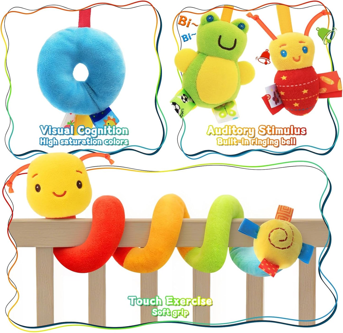 Hot Spiral Car Seat Toys - Baby Sensory Soft Plush Hanging Toys for 0-12 Months Stroller Crib Accessories, Essentials for Expecting Moms & Baby Shower Registry Gift