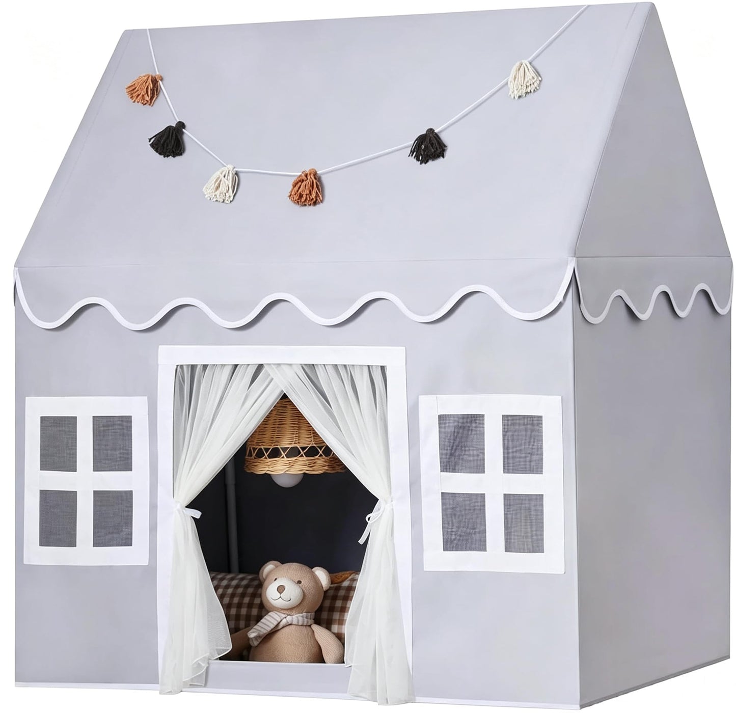 HotKids Play Tent Indoor: with Mat, Tassel Garland - Large Gray Kids Tent Indoor Playhouse for Kids Toys for Boy Girl Birthday Gift